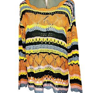 Woman's umgee boho open chunky knit scalloped hem multicolor coverup sweater M
